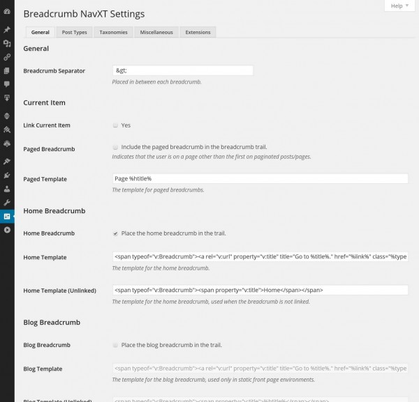 Настройки плагина Breadcrumb NavXT