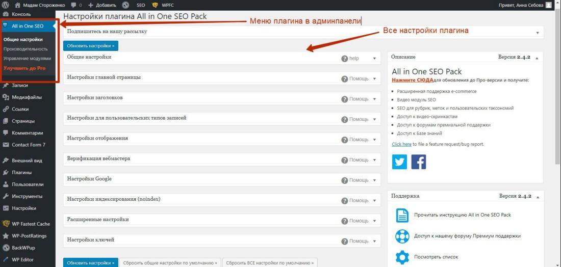 список настроек All in One SEO pack