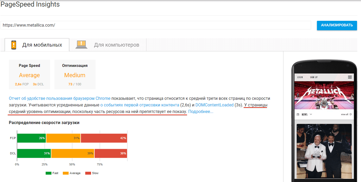 Скриншот обычной проверки в Google PageSpeed Insights сайта https://www.metallica.com/